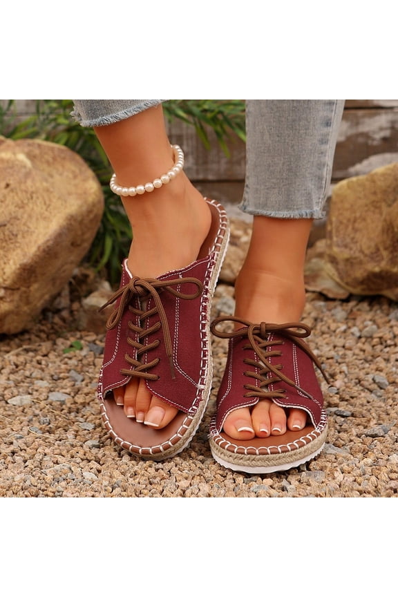 Sandals Summer Open Toe Lace Up Tie Slip On Mules Slides Fabric Upper Breathable Comfy Plus Size Daily Sandals