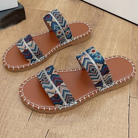 Sandals Under $15， Xunlbb Women's Fashion Casual One-Strap Printed Outer Wear Lightweight Spring And Summer New Breathable Flat Sandals(Blue,Size:39)