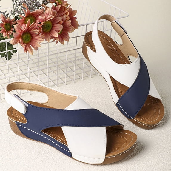 Sandals Under $15, Xunlbb Women's Fashion Casual Summer New Style Wedge Heel Outdoor Wear Contrast Color Breathable Thick-Soled Sandals(Blue,Size:36)