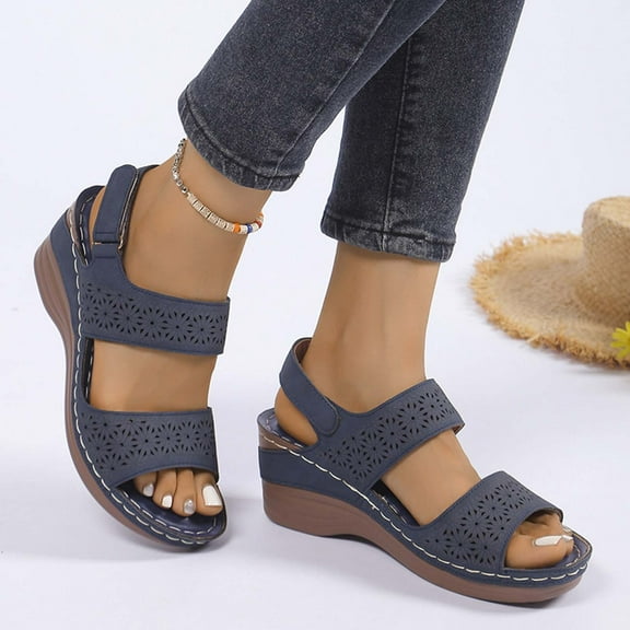 Sandals Under $15， Xunlbb Women's Spring And Summer New Large Size Hollow Flower Wedges Beach Fashion Casual Beach Sandals(Blue,Size:36)