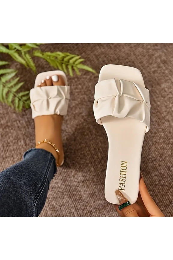 Sandals Wide Feet, Going Out Shoes for Women, Wide Width Sandals for Women, Wide Feet Sandals Women, Women's Pleated Square Toe Slide Sandals, Trendy Wedding & Summer Flat Sandals, Beige 7