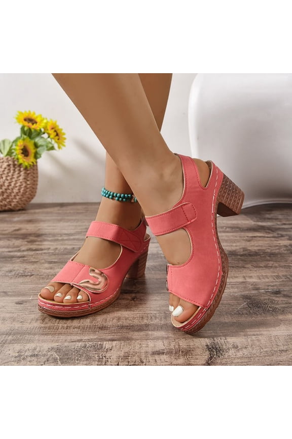 Sandals for Woman Womens Oofos Flip Flops Women's Fashion Casual Spring And Summer Versatile Metal Buckle Peep-Toe Comfortable Thick Heel High Heel Sandals Red