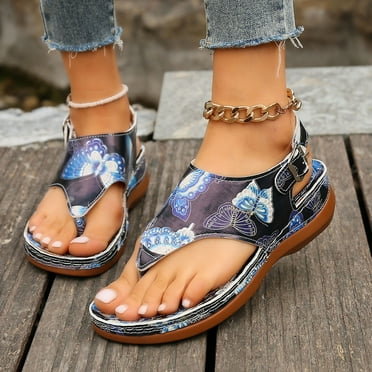 Sandals for Women 2024 Deals! Nilvkv Oversized Herringbone Sandals Butterflys Print Back Buckle Sloping Heel Sandals Women's Orthopedic Wedge Sandalias Arch Support Summer Comfort Sandals