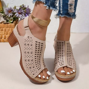 Sandals for Women 2024 Deals! Nilvkv Women Summer Plus-size Casual High Heeled Cutout Clasp Fish Mouth Sandals Women's Chunky Heel Sandals Casual Comfort Walking Sandals