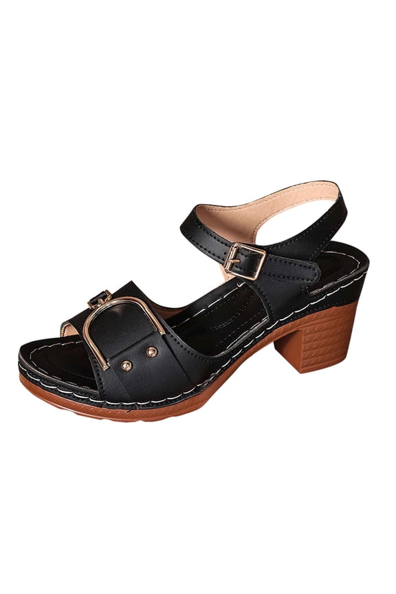 Sandals for Women 2025 Chunky Heel Open Toe Summer Women's Trendy Solid Color Ankle Strap Women Footwear Causal Summer Dressy Beach Shoes for Women Black 6