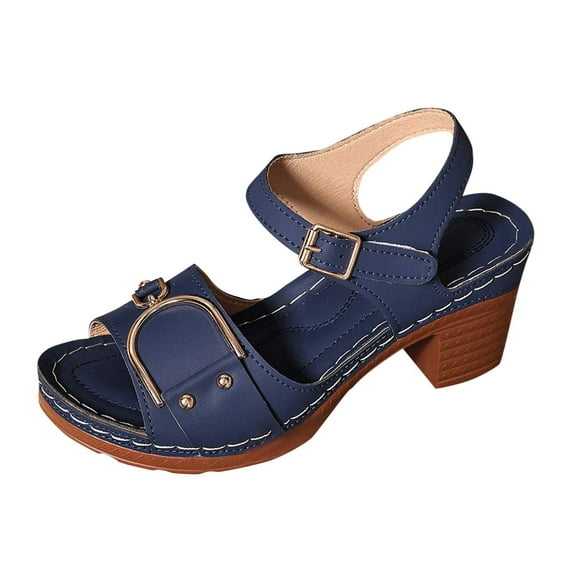 Sandals for Women 2025 Chunky Heel Open Toe Summer Women's Trendy Solid Color Ankle Strap Women Footwear Causal Summer Dressy Beach Shoes for Women Dark Blue 9