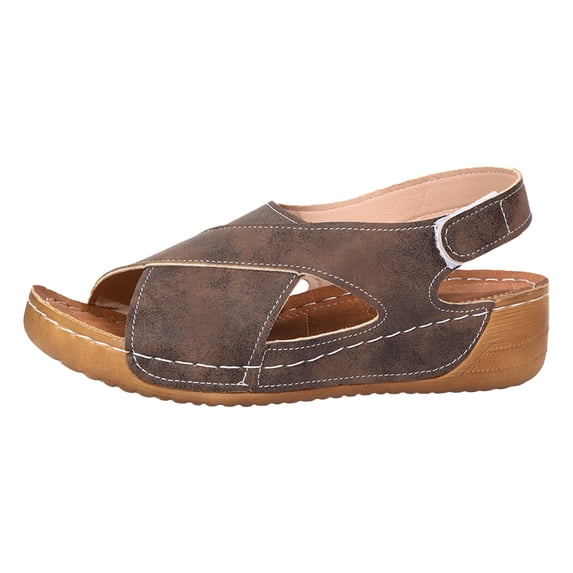 Sandals for Women 2025 Sandal Womens Rope Sandals with Toe Strap Women Beach Shoes Womens Platform Shoes Flat Scandals Ladies Summer Retro Solid Color Leather Slope Heel Thick Bottom Large S Brown 6.5
