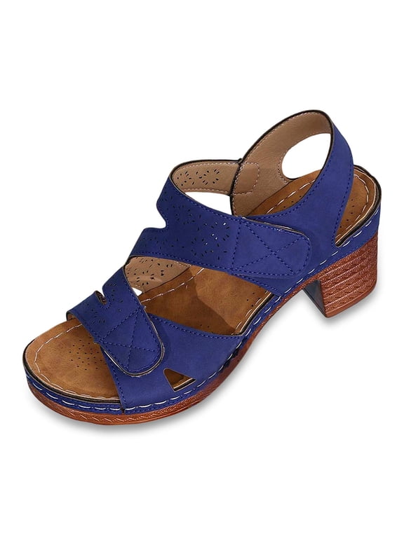 Sandals for Women 2025 Sling Back Shoes Borne Sandals Womens Summer for Women Wedges Tan Size 11 Shoes Sketches Summer Solid Hook Loop Casual Open Toe Square Heels Comfortable Beach Blue 6.5