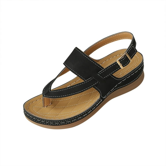 Sandals for Women 2025 Wedge Open Toe Summer Women's Trendy Solid Color Ankle Strap Women Footwear Comfortable Walking Beach Sandals for Women Black 9.5