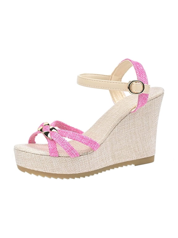 Sandals for Women 2025 Wedge Thick Sole Sandals Gladiator Open Toe Waterproof Wedges Casual Daily Round Toe Solid Color Footwear Comfortable Ankle Strap Walking Beach Shoes Pink 5.5