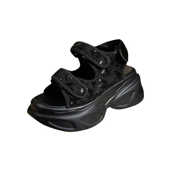 Sandals for Women 2025 Wedge Thick Sole Sandals Women Breathable Open Toe Casual Daily Solid Color Ankle Strap Women Footwear Comfortable Walking Beach Sandals for Women Black 7