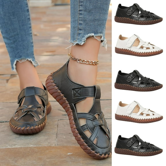 Sandals for Women 2025, Xunlbb Leather Flat Sandals Floral Hollow Shape Soft Soles Comfortable Flat Bottoms Sport Casual Solid Color Hook And Loop Sandals(Black,Size:36)