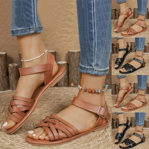 Sandals for Women 2025, Xunlbb Women's Fashion Casual Summer New Solid Color Strap Comfortable Flat Versatile Roman Beach Shoes Sandals(Black,Size:36)