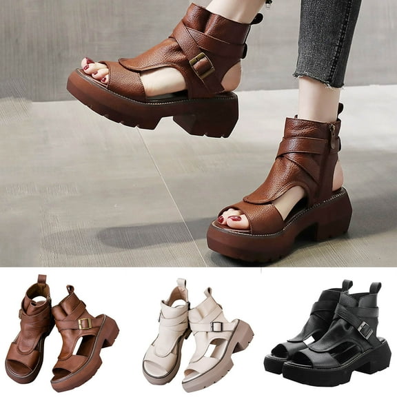 Sandals for Women 2025, Xunlbb Women's Fish Mouth Thick Heel Sandals Thick Bottom High Top Retro Height Increasing Sandals Women's Sandals(Black,Size:35)