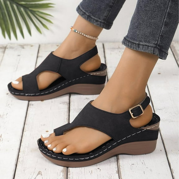 Sandals for Women 2025, Xunlbb Women's Spring And Summer New Large Size Clip Toe Comfortable Wedge Beach Fashion Casual Buckle Beach Sandals(Black,Size:36)