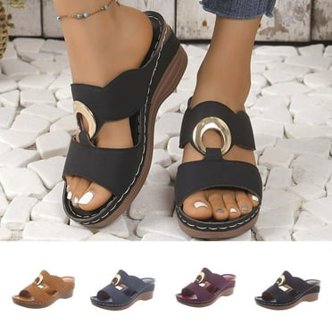 Sandals for Women 2025, Xunlbb Women's Spring And Summer New Large Size Wedge Slippers Beach Metal Buckle Wedge Sandals Fashion Casual Beach Sandals(Black,Size:36)