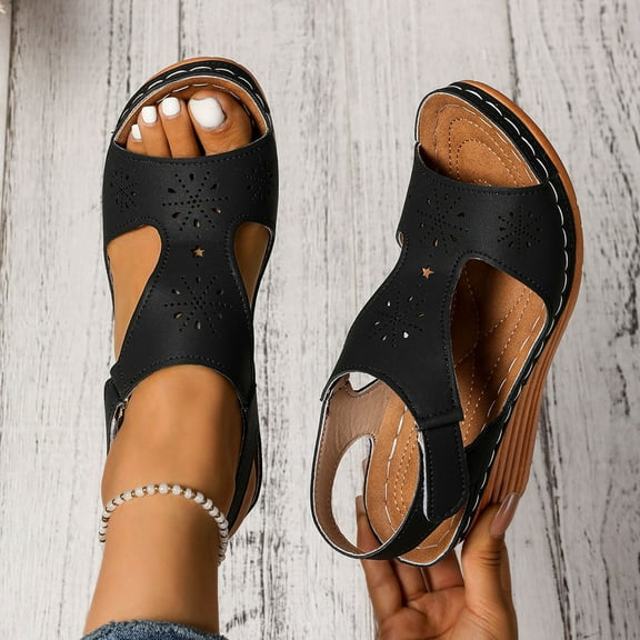Sandals For Women Arch Support Wedge Open Toe Ankle Straps Peep Toe Solid Color High Heel Shoes Women Dressy Comfortable Summer Casual Sandals Black 36