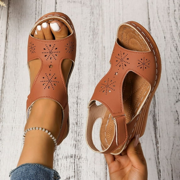 Sandals For Women Arch Support Wedge Open Toe Ankle Straps Peep Toe Solid Color High Heel Shoes Women Dressy Comfortable Summer Casual Sandals Brown 38