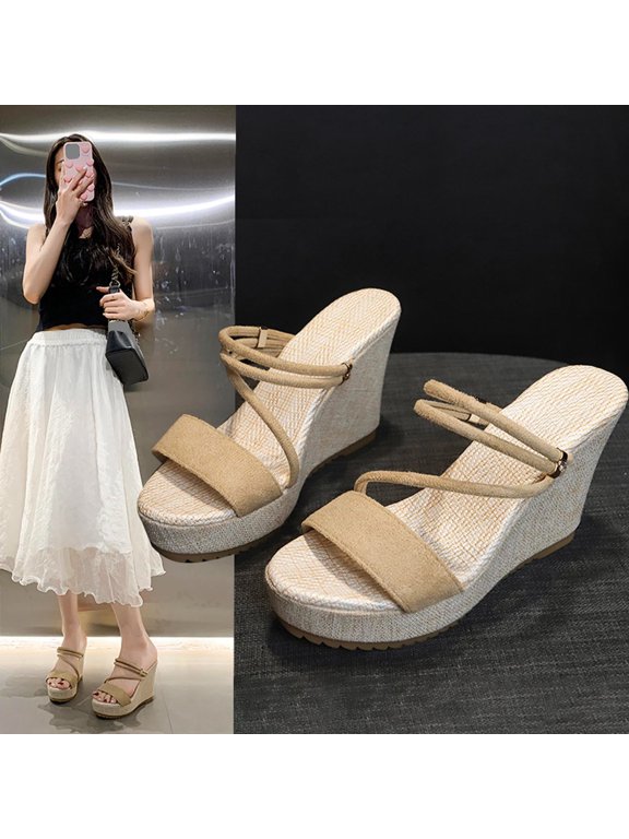 Sandals Women Baeitkot Women's Versatile Plus-Size Two-Way Peep-Toe Wedge Heels Comfortable Summer Slippers
