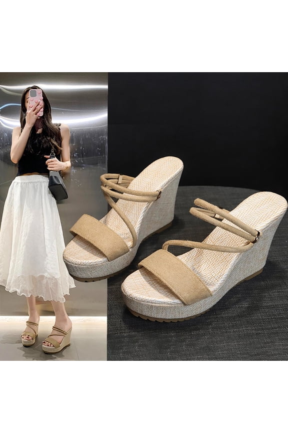Sandals Women Baeitkot Women's Versatile Plus-Size Two-Way Peep-Toe Wedge Heels Comfortable Summer Slippers