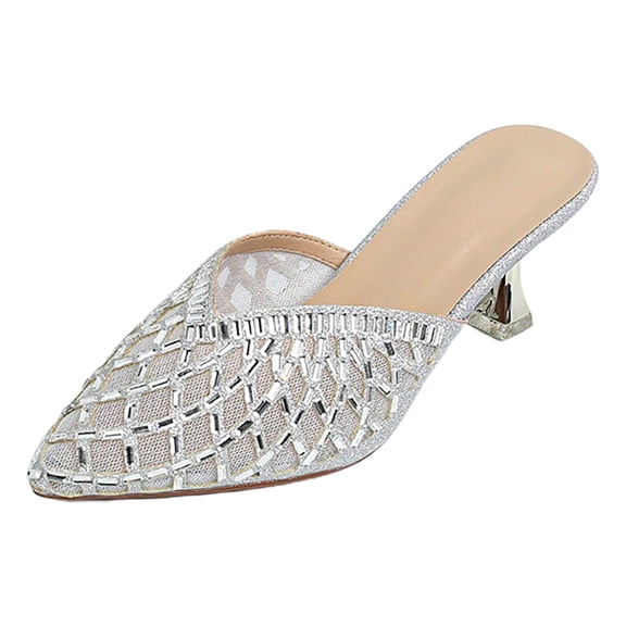 Sandals Women Beach Fashionable Pointed Diamond High Heel Slippers Mesh Cup Heel Women's Shoes in Silver 39