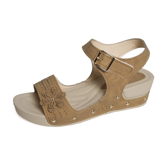 Sandals for Women Casual Summer Women's Fashion Casual Spring And Summer Style Solid Color Flower Breathable Round Toe Open Toe One-Line Buckle Thick Bottom Wedge Heel Sandals Yellow