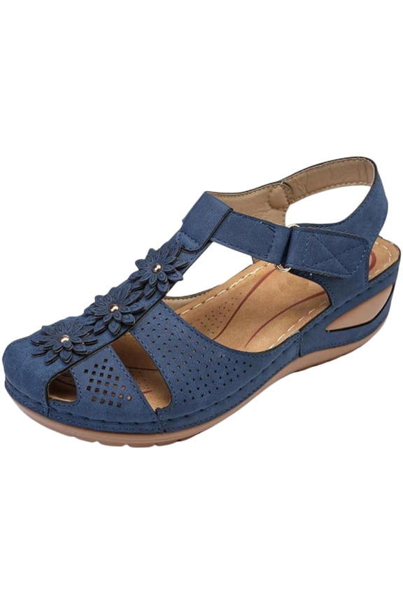 Sandals For Women Closed Toe Floral Applique Sandals Breathable Perforated Upper Hook And Loop Ankle Strap Soft Sole Summer Casual Shoes Casual Dressy 2026 Shoes Comfort Summer Slides