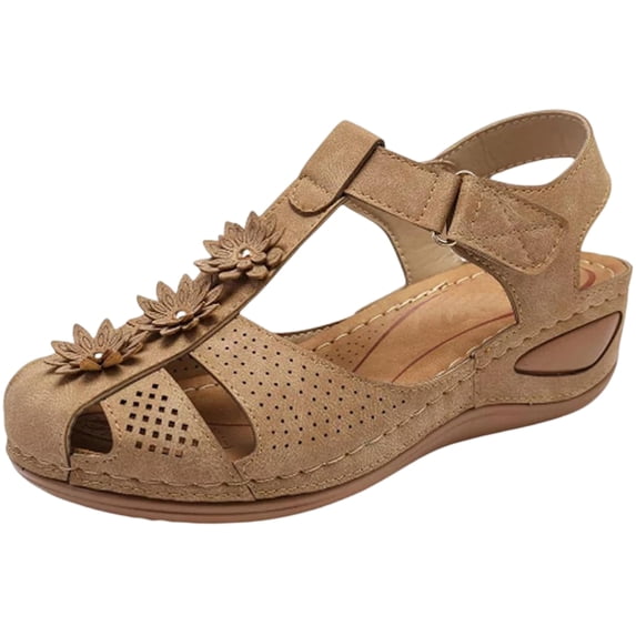 Sandals For Women Closed Toe Floral Applique Sandals Breathable Perforated Upper Hook And Loop Ankle Strap Soft Sole Summer Casual Shoes Casual Dressy 2026 Shoes Comfort Summer Slides