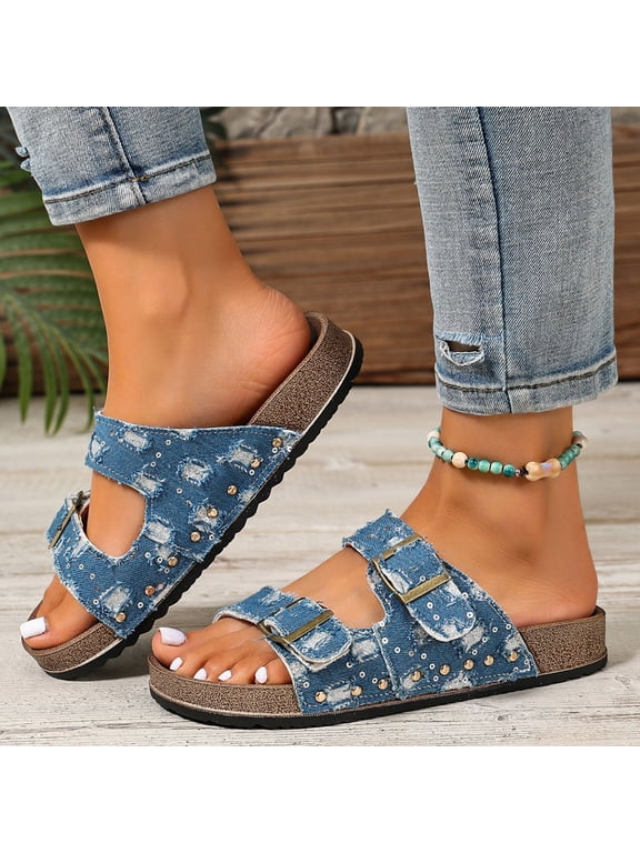 Sandals Women Comfortable Beach Double Buckle Slip-On Thick-Soled Open-Toe Shoes with Memory Foam Arch Support Lightweight Breathable Anti-Slip Outdoor Footwear for Summer,Blue 37(US-6)