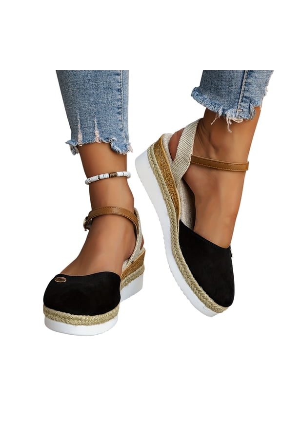 Sandals Women Comfortable Rope Woven Detail Wedge Heel Closed Toe Backless Design Buckle Closure Sandals
