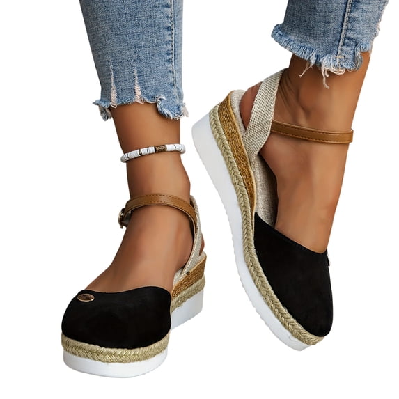Sandals Women Comfortable Rope Woven Detail Wedge Heel Closed Toe Backless Design Buckle Closure Sandals