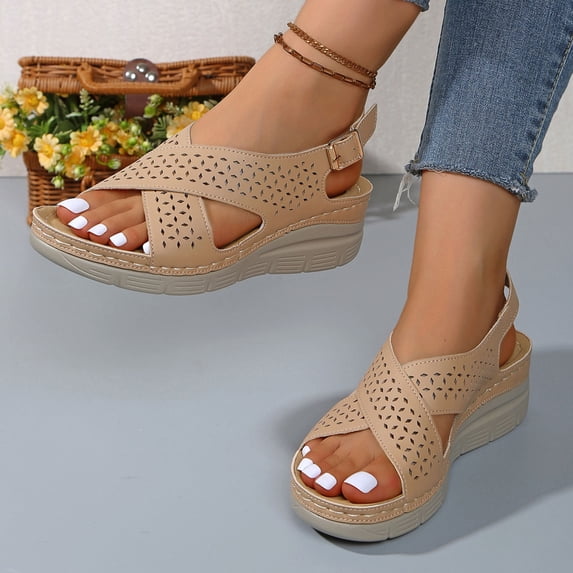 Sandals Women Comfortable Womens Oofos Shoes Women's Fashion Casual Spring And Summer Beach Versatile One-Line Buckle Solid Color Round Toe Open Toe Wedge Heel Thick-Soled Sandals Yellow