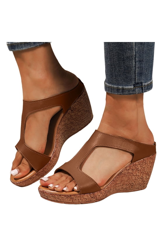 Sandals Women Cork Wedges Heels Casual Open Toe Cutout T-Strap Slides Comfortable Footbed High Heeled Mules Summer Dress Shoes Brown Size 9.5