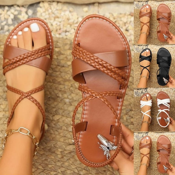 Sandals Women Dressy Flat Heel Open Toe Summer Daily Shoes Fashion Casual Versatile Woven Open Toe Spring Summer Casual Breathable Outdoor Beach Sandals