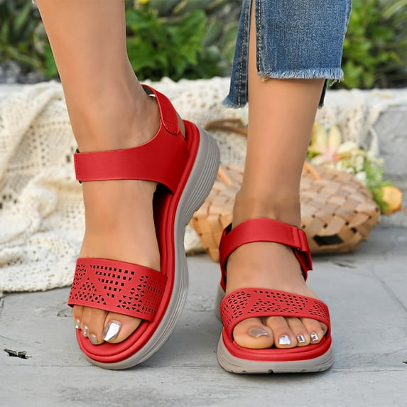 Sandals Women Dressy Oofos Slide Women's Fashion Casual Spring And Summer Comfortable Solid Color Hollow Pattern Round Head Open Toe One-Line Buckle Thick-Soled Sandals Red