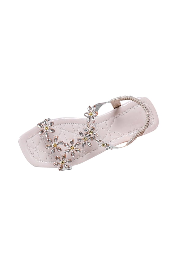 Sandals Women Dressy Oofos Slide Women's Fashion Casual Spring And Summer Outer Wear Rhinestone Transparent Belt Square Head Open Toe Elastic Back Flat Heel Flat Sandals White