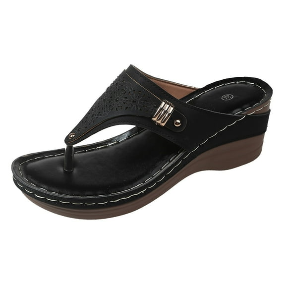 Sandals Women Dressy Women's Large Size Casual Sandals Women's Flat Thick Sole Thong Solid Color Sandals Women's Black 38