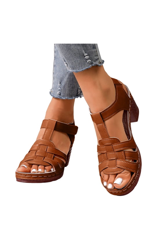 Sandals Women Open Toe Splice Leather Heels Chunky Heeled Trendy T-Strap Slingback Pumps Adjustable Ankle Strap Casual Summer Dress Shoes Brown Size 8