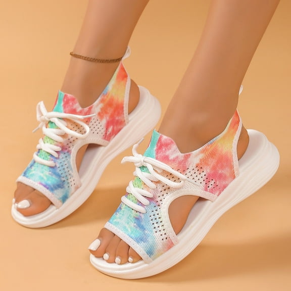 Sandals for Women Open Toe Sports Sandals Hollow Out Platform Sandals Hike Easy Breathable Outdoor Slip-On Sneakers Lace Up Front Sandals Breathable Mesh Lightweight Shoes