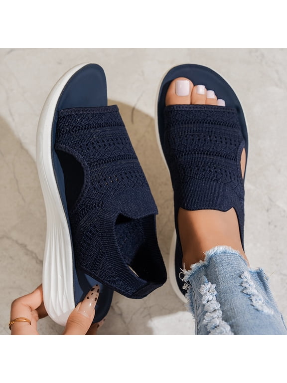 Sandals for Women Orthopedic, Sandals with Arch Support Summer Slip on Ladies Wedge Slingback Walking Slip on Platform Shoes Casual Beach Slingback Comfy Washable Slide Sport Shoes Dark Blue 9.5