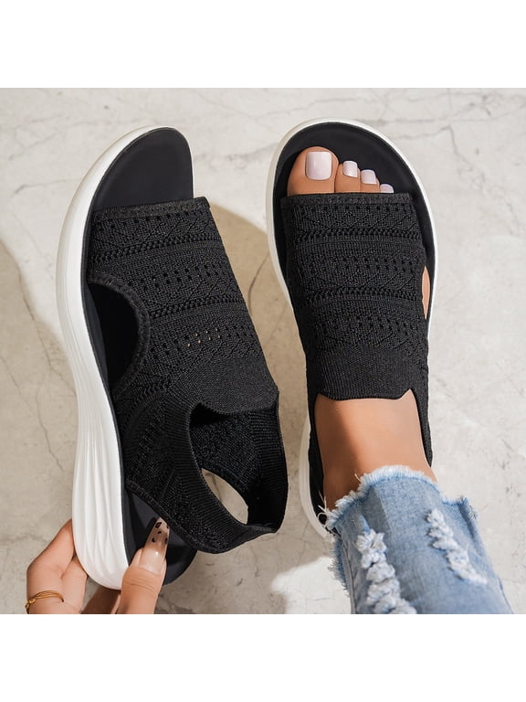 Sandals for Women Orthopedic, Sandals with Arch Support Summer Slip on Ladies Wedge Slingback Walking Slip on Platform Shoes Casual Beach Slingback Comfy Washable Slide Sport Shoes Black 7