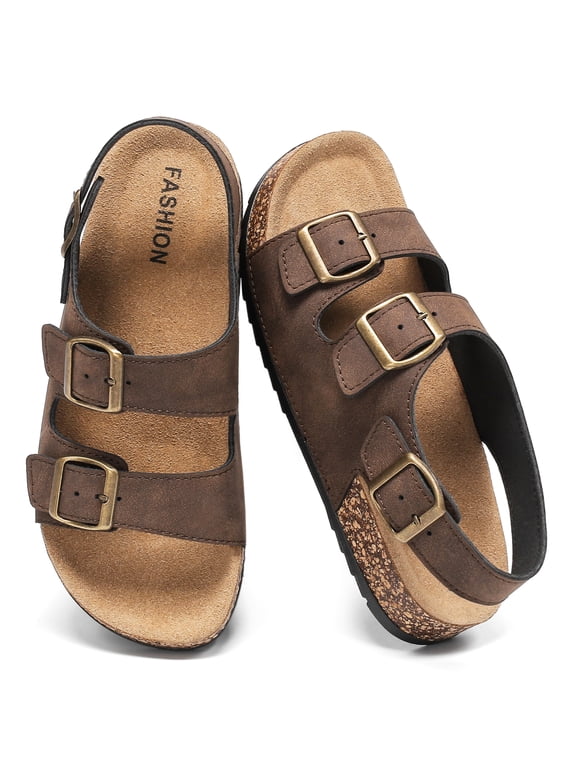 Sandals for Women Mens Unisex with Soft Cork Footbed, Adjustable Double Buckle, Open Toe Flat Shoes, Back Strap for Summer Outdoor