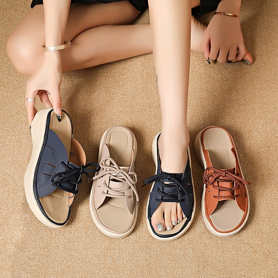 Sandals Women Wedge Open Toe Thick Soled Slip-on Lace-up Arch Support Slippers Casual Comfortable Spring Summer Outdoor Beach Shoes