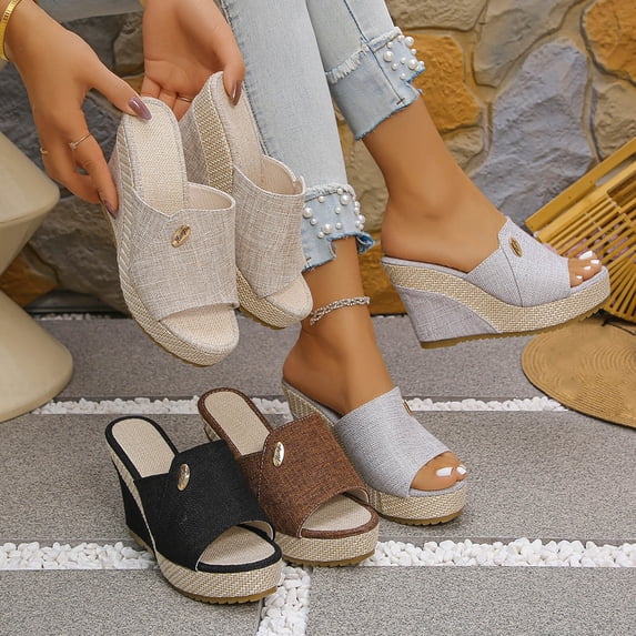 Sandals Women Wedge Open Toe Thick Soled Slip-on Spring Summer Fashionable Casual Versatile Solid Color Beach Shoes