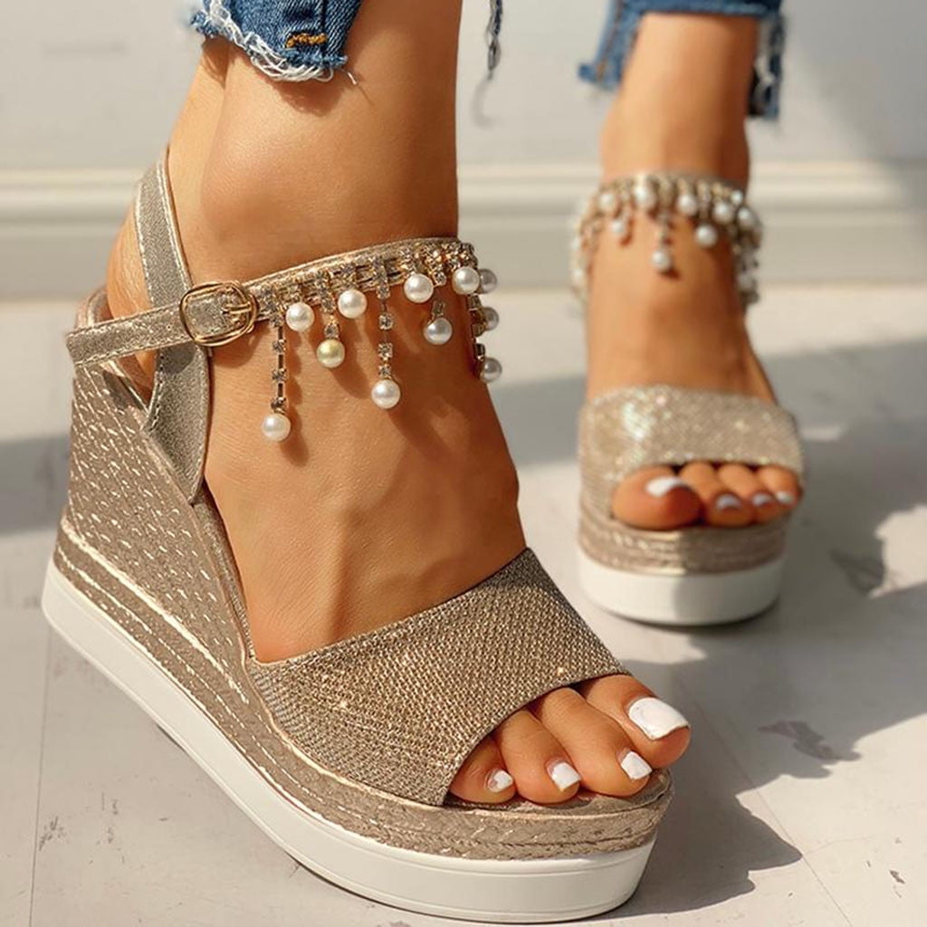 Sandals Women Women Ladies Fashion Wedges Platforms Pearl High Heels Shoes Sandals Womens Sandals Pu Gold 38