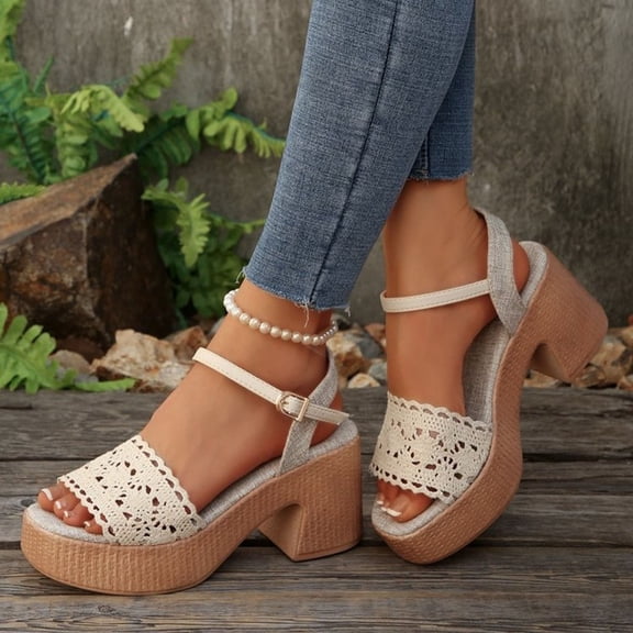 Sandals for Women Women's Fashion Casual Spring And Summer Comfortable Mesh Breathable Round Toe Open Toe One-Line Buckle Hollow Thick Heel High Heel Sandals White