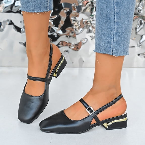Sandals Women's Fashion Casual Spring And Summer Comfortable Style Solid Color Square Toe Closed Toe One-Line Buckle Back Hollow Square Heel Low Thick Heel Sandals Black