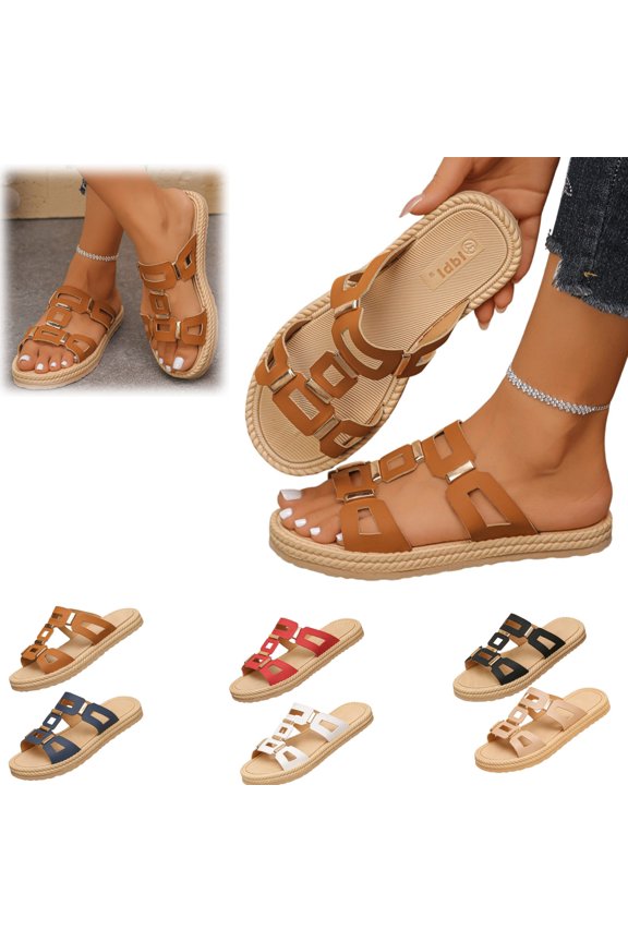 Sandals Women with Metallic Accents, Slip On Breathable Open Toe,Non Slip Cushion insole for Walking Sandals