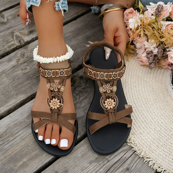 Sandals Womens Oofos Slippers Women's Fashion Casual Bohemian Roman Beach Leisure Round Toe Flat Sandals Brown