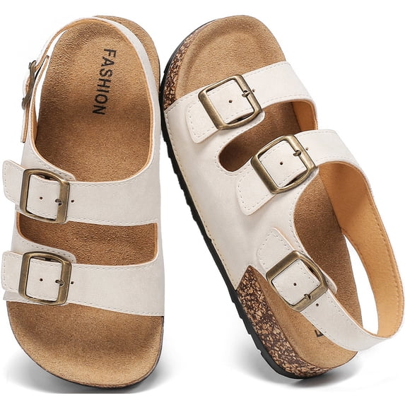 Lezzglt Kids Toddler Sandals with Cork Footbed, Non-Slip Slides for Boys Girls Double Buckle Slippers with Adjustable Back Strap, Comfort Water-Resistant Shoes